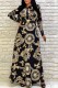 Black Gold Elegant Figure Print Patchwork Turndown Collar A Line Dresses