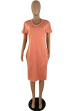 Orange Fashion Casual Solid Basic V Neck Short Sleeve Dress