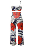 Dark Blue Red Sexy Print Patchwork Spaghetti Strap Sleeveless Two Pieces