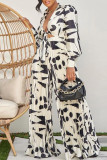 Black Sexy Print Bandage Patchwork Fold V Neck Long Sleeve Two Pieces