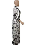 Black Sexy Print Bandage Patchwork Fold V Neck Long Sleeve Two Pieces