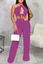 Rose Purple Sexy Solid Bandage Hollowed Out Patchwork Backless Fold Halter Sleeveless Two Pieces