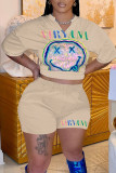 Orange Casual Street Print Patchwork V Neck Short Sleeve Two Pieces