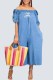 Blue Casual Print Letter Off the Shoulder Jumpsuits