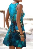 Blue Casual Print Hollowed Out O Neck Vest Dress Dresses
