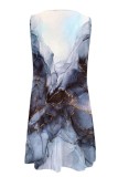 Blue Casual Print Hollowed Out O Neck Vest Dress Dresses