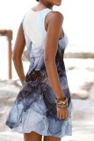 Blue Casual Print Hollowed Out O Neck Vest Dress Dresses