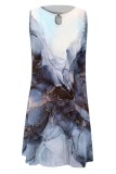 Blue Casual Print Hollowed Out O Neck Vest Dress Dresses
