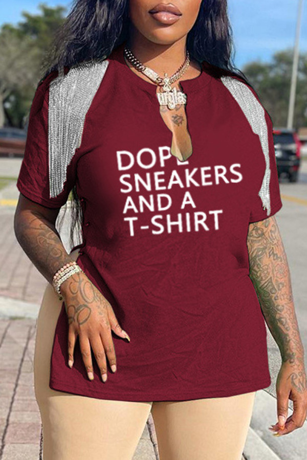 Burgundy Casual Letter Print Patchwork V Neck T-Shirts