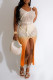 Orange Sexy Gradual Change Print Hollowed Out Patchwork Frenulum Slit Swimwears Cover Up