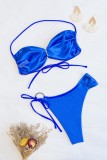 Blue Sexy Solid Bandage Backless Swimwears (With Paddings)