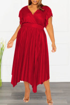 Red Casual Solid Patchwork V Neck Pleated Plus Size Dresses