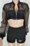 Black Sexy Letter Print Patchwork See-through Zipper Collar Long Sleeve Two Pieces