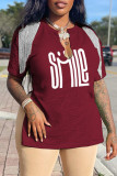 Pink Casual Print Tassel Patchwork V Neck T-Shirts