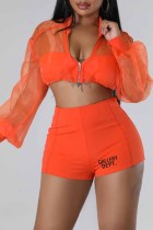Orange Sexy Letter Print Patchwork See-through Zipper Collar Long Sleeve Two Pieces
