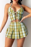 Blue Sexy Plaid Print Bandage Backless Halter Sleeveless Two Pieces
