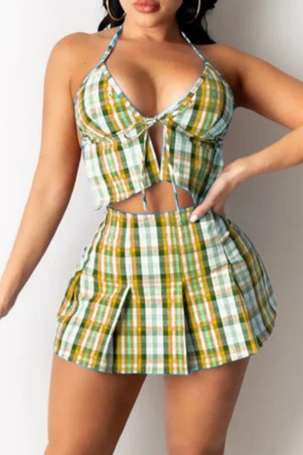 Green Sexy Plaid Print Bandage Backless Halter Sleeveless Two Pieces