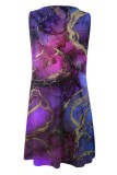Blue Casual Print Hollowed Out O Neck Vest Dress Dresses