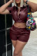 Burgundy Casual Street Solid Patchwork Buckle Turndown Collar Short Sleeve Two Pieces