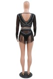 White Sexy Patchwork Hot Drilling Tassel See-through O Neck Long Sleeve Two Pieces