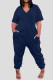 Blue Casual Solid Patchwork Pocket V Neck Loose Jumpsuits