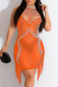 Orange Sexy Patchwork Hot Drilling Tassel Hollowed Out See-through Turtleneck Sleeveless Dress Dresses