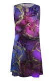 Blue Casual Print Hollowed Out O Neck Vest Dress Dresses