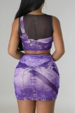 Purple Sexy Casual Print Patchwork O Neck Sleeveless Two Pieces