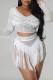 White Sexy Patchwork Hot Drilling Tassel See-through O Neck Long Sleeve Two Pieces