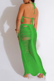 Green Sexy Solid Tassel Hollowed Out Patchwork Halter Sleeveless Two Pieces
