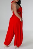Rose Red Sexy Solid Bandage Backless Halter Sleeveless Two Pieces