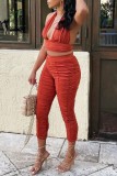 Red Sexy Casual Solid Backless Fold Halter Sleeveless Two Pieces