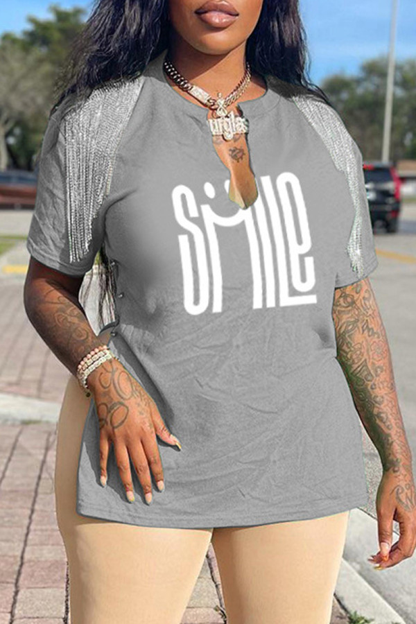 Grey Casual Print Tassel Patchwork V Neck T-Shirts