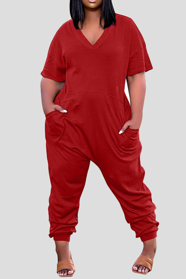 Red Casual Solid Patchwork Pocket V Neck Loose Jumpsuits