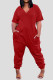 Red Casual Solid Patchwork Pocket V Neck Loose Jumpsuits
