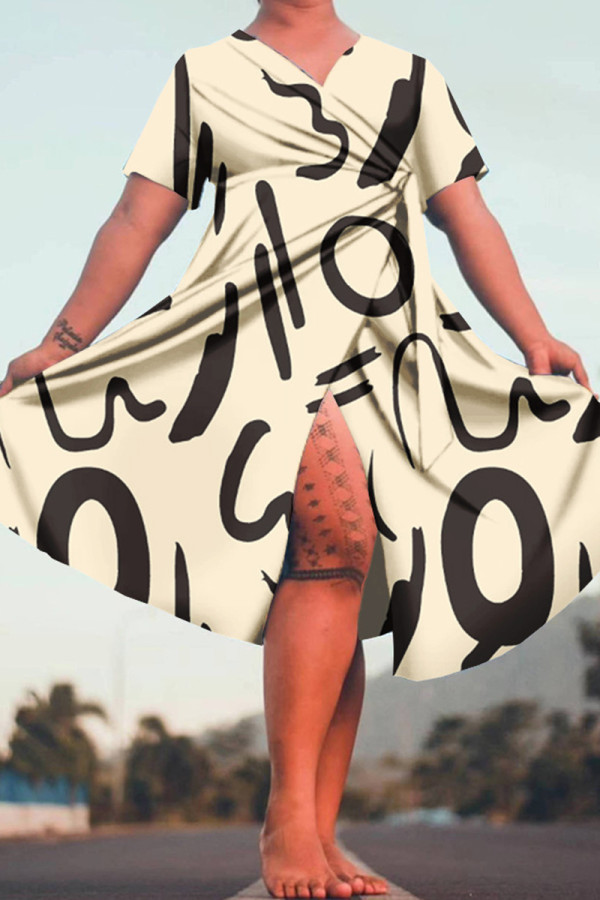 Apricot Casual Print Frenulum V Neck Short Sleeve Dress