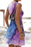 Blue Casual Print Hollowed Out O Neck Vest Dress Dresses