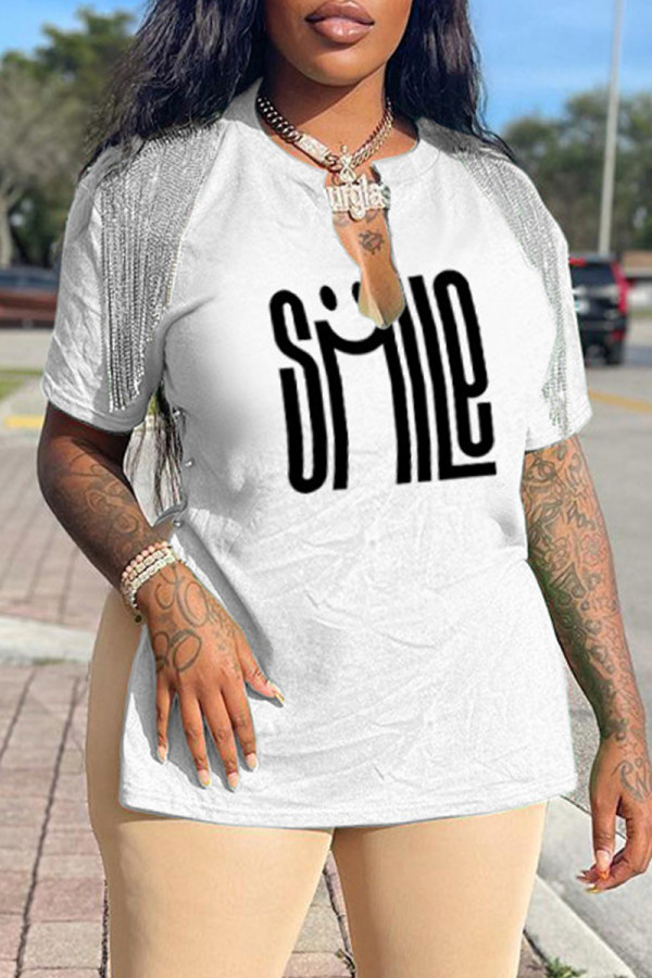 White Casual Print Tassel Patchwork V Neck T-Shirts