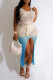 Blue Sexy Gradual Change Print Hollowed Out Patchwork Frenulum Slit Swimwears Cover Up