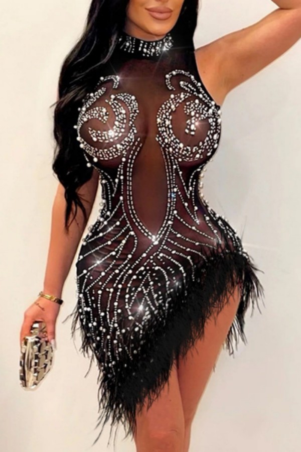 Black Sexy Patchwork Hot Drilling See-through Feathers Half A Turtleneck Irregular Dress Dresses