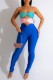 Blue Sexy Patchwork Hollowed Out Backless Contrast Strapless Skinny Jumpsuits