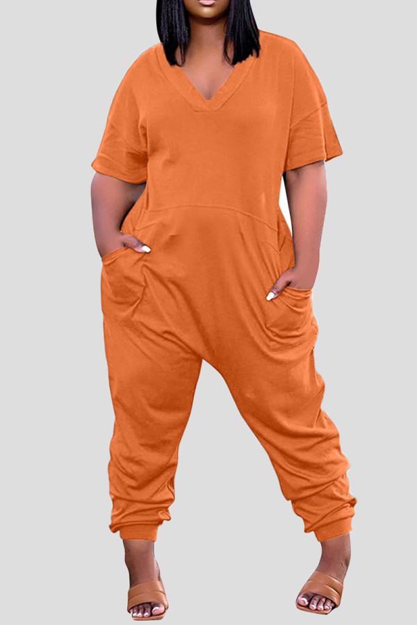 Orange Casual Solid Patchwork Pocket V Neck Loose Jumpsuits