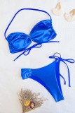 Blue Sexy Solid Bandage Backless Swimwears (With Paddings)