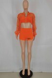 Orange Sexy Letter Print Patchwork See-through Zipper Collar Long Sleeve Two Pieces