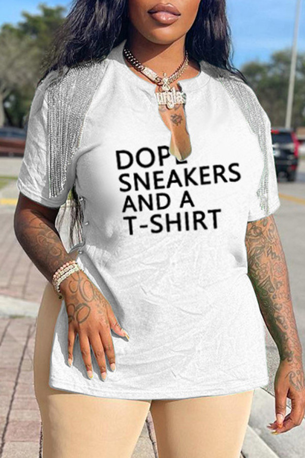 White Casual Letter Print Patchwork V Neck T-Shirts