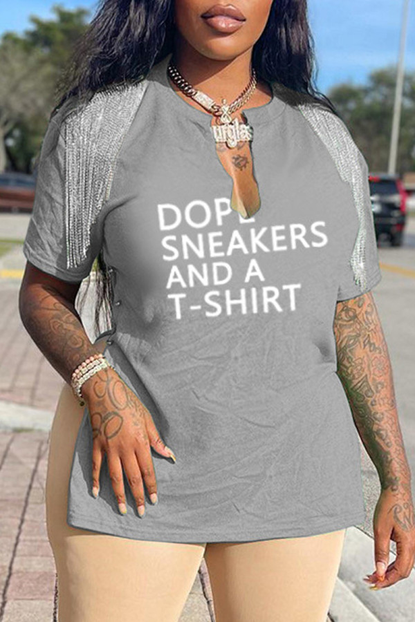 Grey Casual Letter Print Patchwork V Neck T-Shirts
