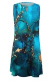 Blue Casual Print Hollowed Out O Neck Vest Dress Dresses