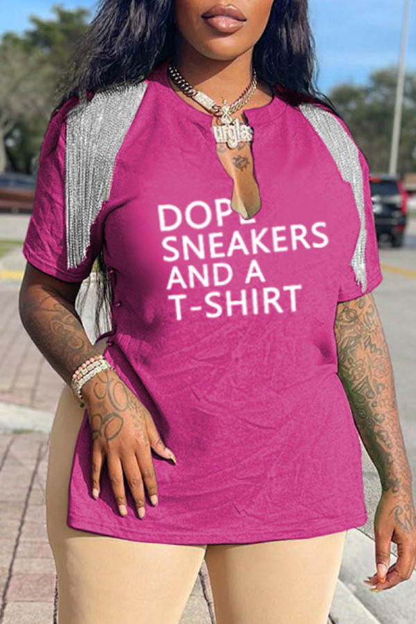 Pink Casual Letter Print Patchwork V Neck T-Shirts