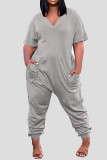 Red Casual Solid Patchwork Pocket V Neck Loose Jumpsuits