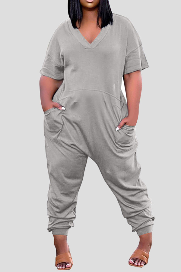 Grey Casual Solid Patchwork Pocket V Neck Loose Jumpsuits
